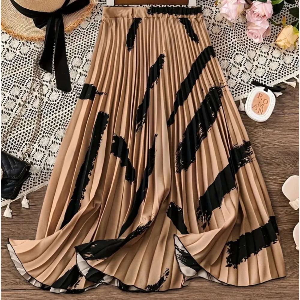 Vibrant Brush Print Pleated A-Line Swing Skirt - Women...